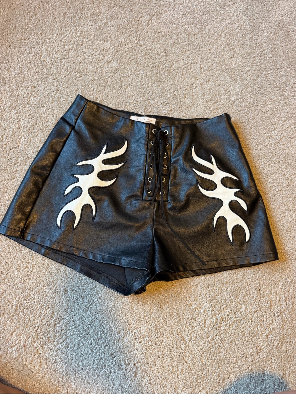 12th Tribe Black Faux Leather High-Waist Shorts with White Flame Inlay